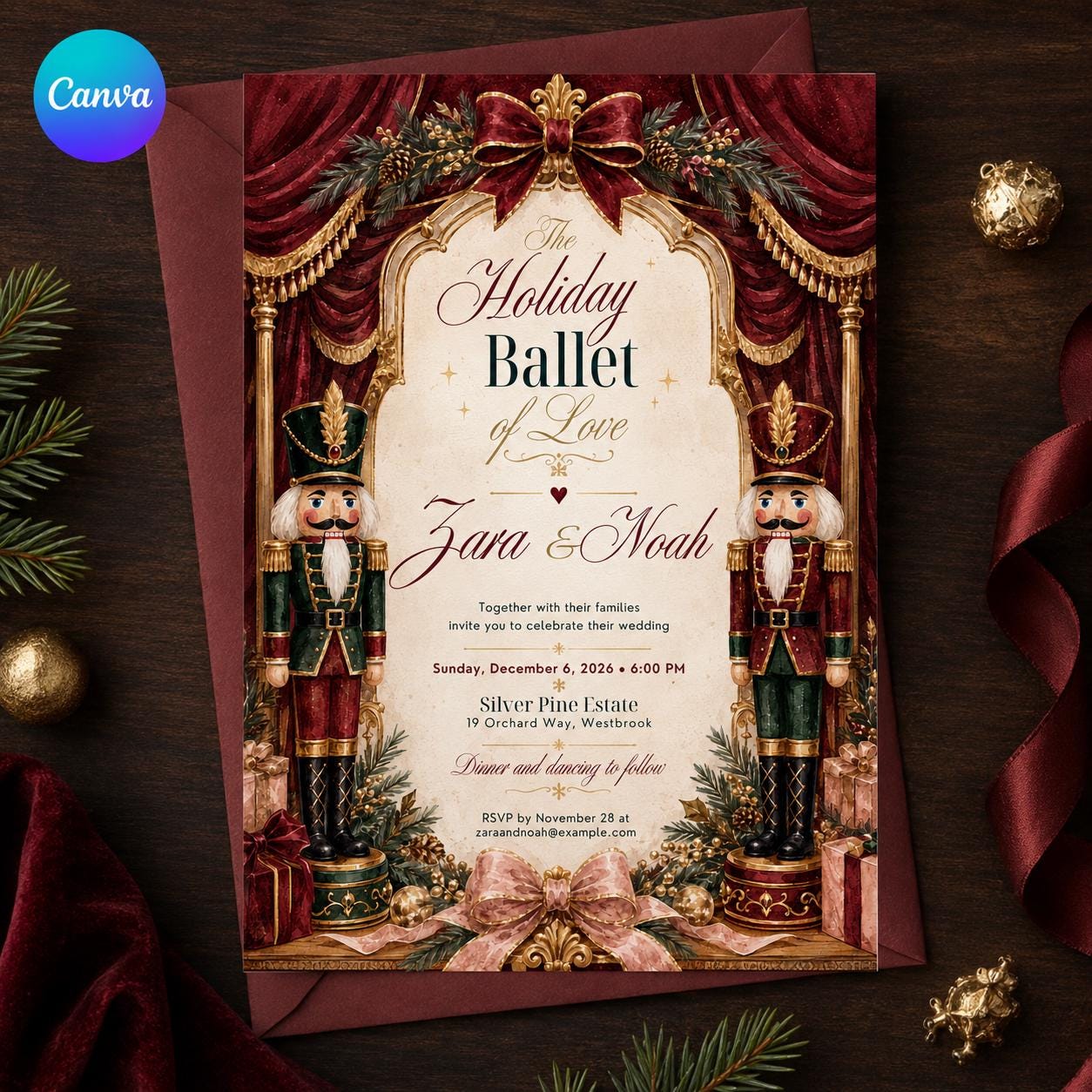 Nutcracker Wedding Invitation, Christmas Wedding Invite, Elegant Holiday Ballet Winter Printable Editable Canva Template