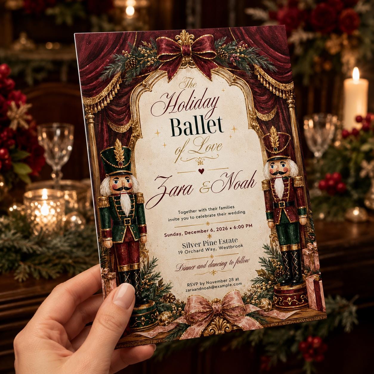 Nutcracker Wedding Invitation, Christmas Wedding Invite, Elegant Holiday Ballet Winter Printable Editable Canva Template - Image 4