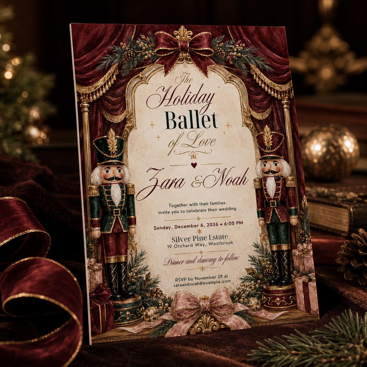 Nutcracker Wedding Invitation, Christmas Wedding Invite, Elegant Holiday Ballet Winter Printable Editable Canva Template - Image 6
