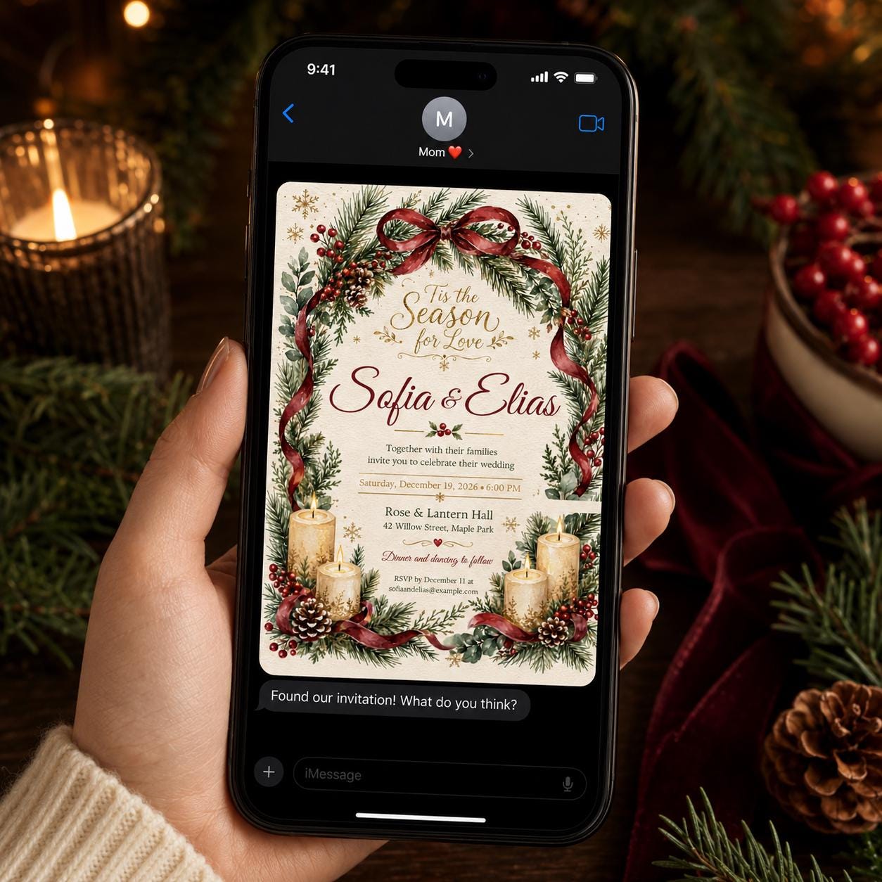 Christmas Wedding Invitation, Winter Greenery Wedding Invite, Burgundy Red Holiday Pine Printable Editable Canva Template - Image 3
