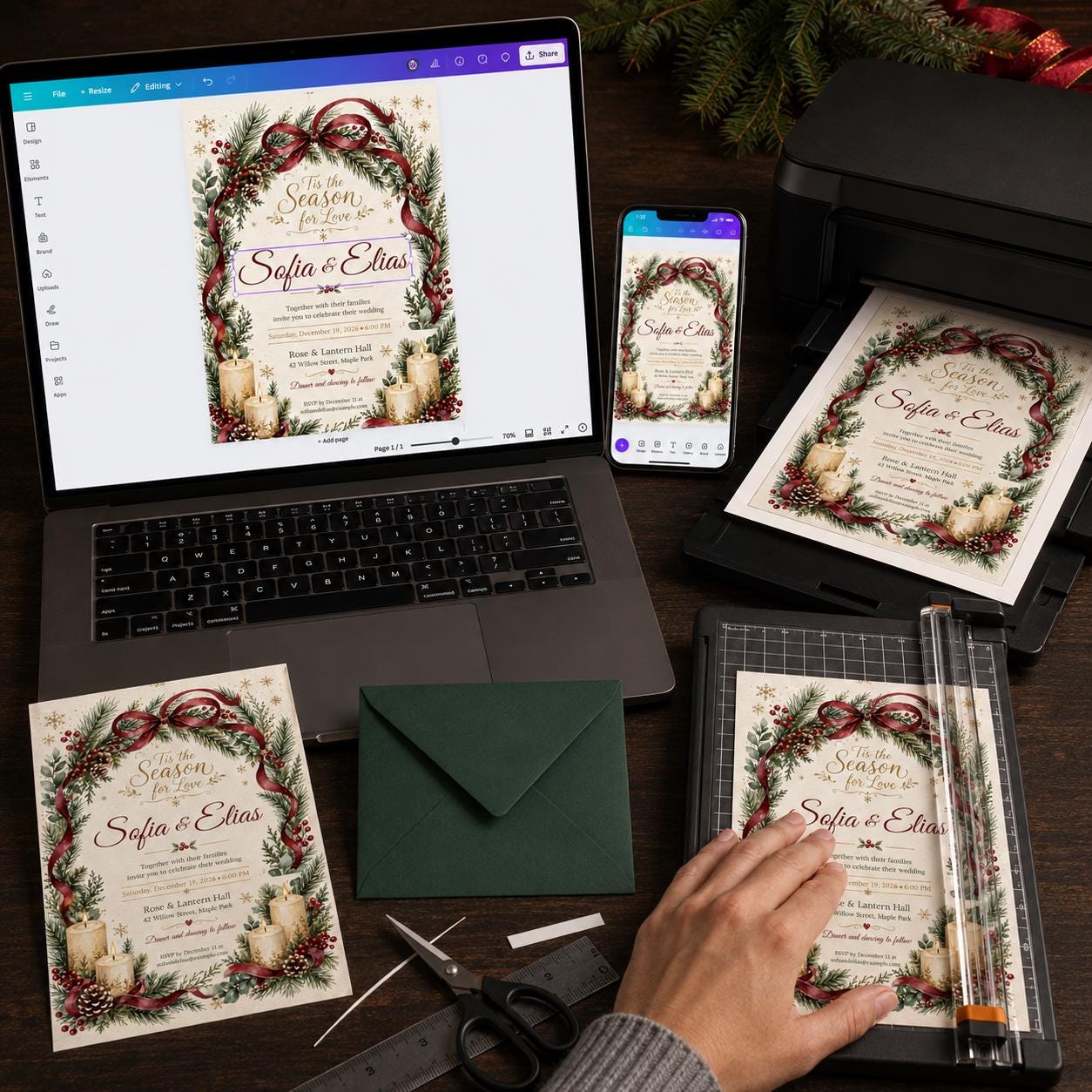 Christmas Wedding Invitation, Winter Greenery Wedding Invite, Burgundy Red Holiday Pine Printable Editable Canva Template - Image 5