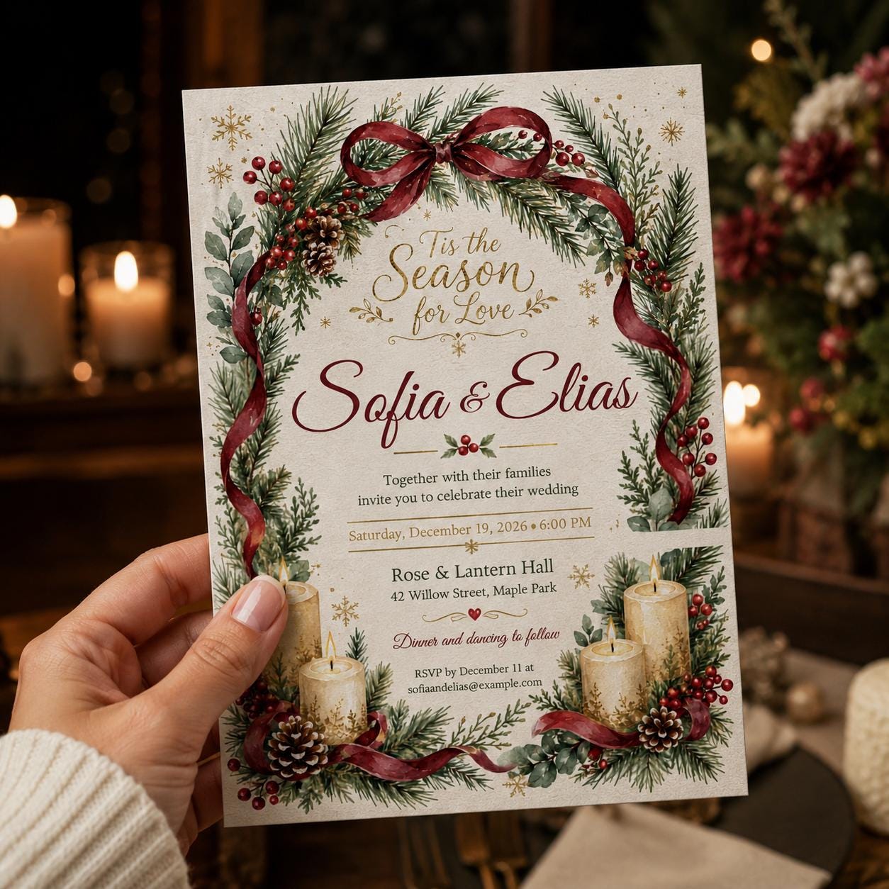 Christmas Wedding Invitation, Winter Greenery Wedding Invite, Burgundy Red Holiday Pine Printable Editable Canva Template - Image 4