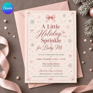 Pink Winter Baby Shower Invitation, Little Holiday Sprinkle, Bow Snowflake Girl Shower Printable Editable Canva Template