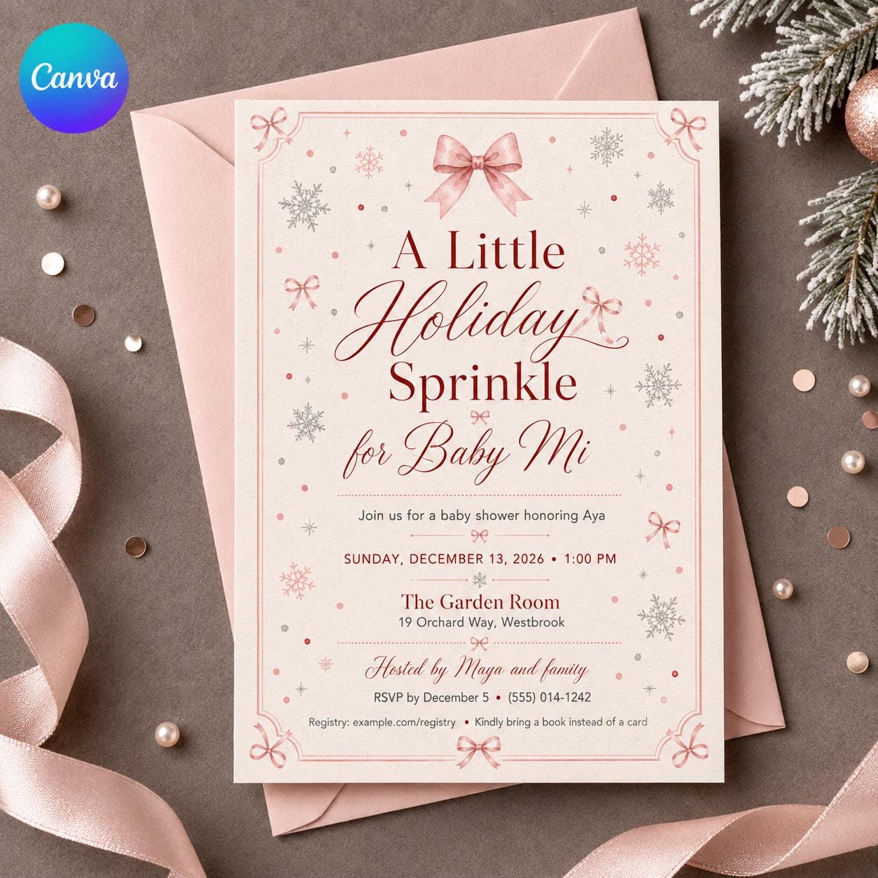 Pink Winter Baby Shower Invitation, Little Holiday Sprinkle, Bow Snowflake Girl Shower Printable Editable Canva Template