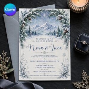 Winter Mountain Wedding Invitation, Snowy Pine Wedding Invite, Blue Winter Wonderland Printable Editable Canva Template