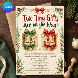 Christmas Twin Baby Shower Invitation, Two Tiny Gifts Holiday Invite, Winter Twins Shower Printable Canva Template