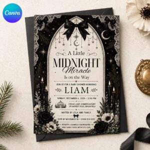 Gothic Baby Shower Invitation, Black Bow Celestial Moon and Stars Invite, Midnight Miracle Editable Canva Template