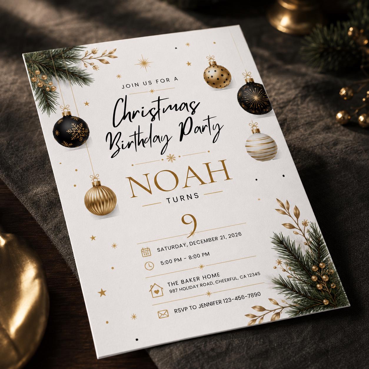 Christmas Birthday Invitation, Black Gold Holiday Party Invite, Elegant Winter Birthday Editable Canva Template - Image 5