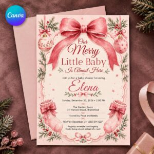 Pink Christmas Baby Shower Invitation, Merry Little Baby Girl Invite, Coquette Bow Winter Shower Editable Canva Template