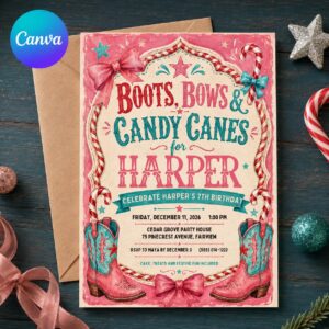 Cowgirl Christmas Birthday Invitation, Pink Boots Bows Candy Cane Western Party Invite, Girl Holiday Editable Canva Template
