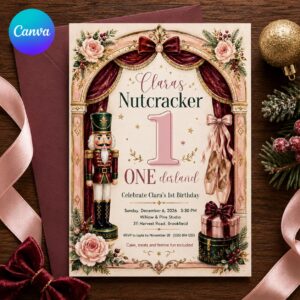 Nutcracker 1st Birthday Invitation, Winter ONEderland Girl Party, Pink Christmas Ballerina, Editable Canva Template