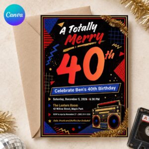 80s 40th Birthday Invitation, Retro Boombox Christmas Party Invite, Totally Merry Adult Holiday, Editable Canva Template