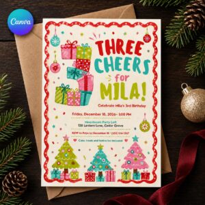 Christmas 3rd Birthday Invitation, Three Cheers Girl Holiday Party, Colorful Pink Festive Invite, Editable Canva Template