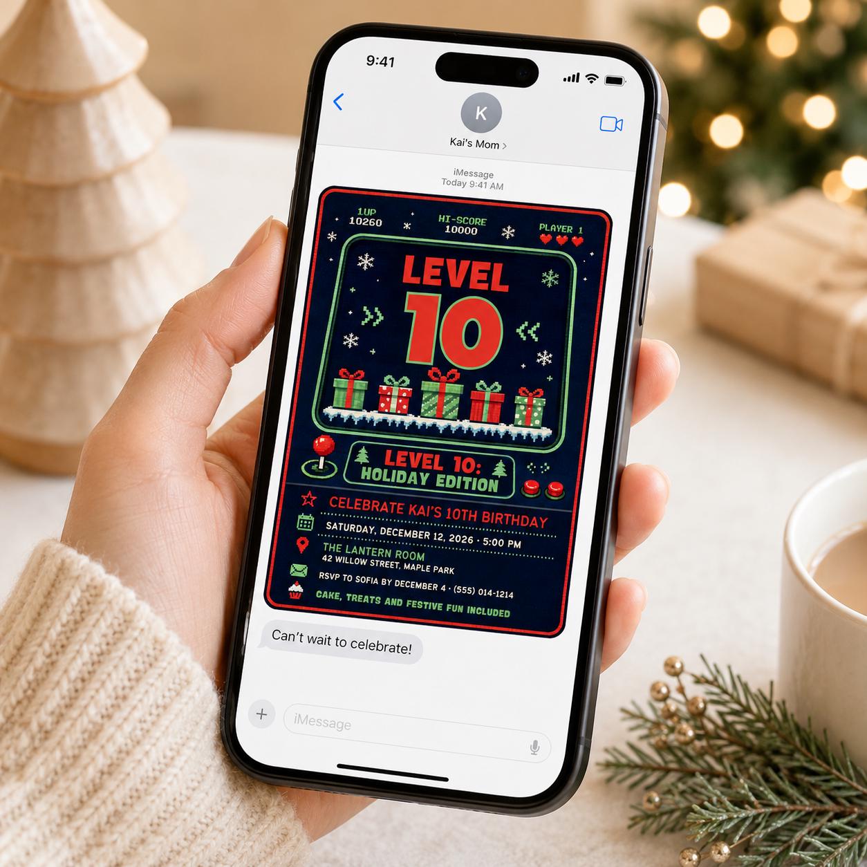 Video Game 10th Birthday Invitation, Christmas Gamer Level Up Party, Holiday Arcade Boy Invite, Editable Canva Template - Image 3