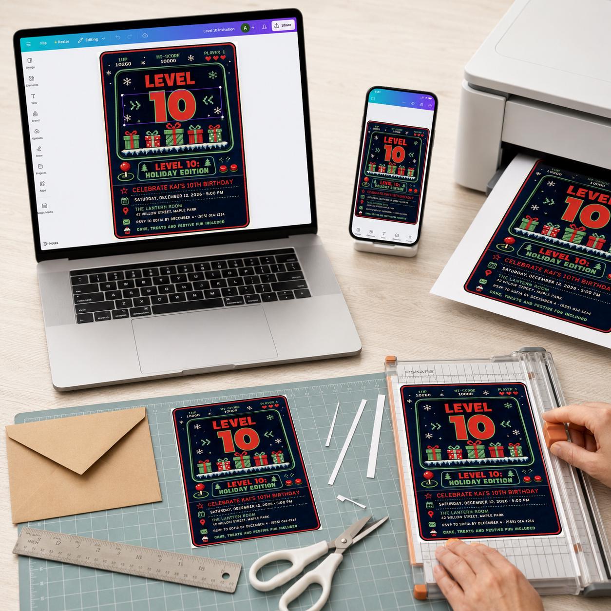 Video Game 10th Birthday Invitation, Christmas Gamer Level Up Party, Holiday Arcade Boy Invite, Editable Canva Template - Image 5