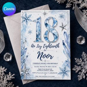 18th Birthday Invitation, Icy Winter Wonderland Party, Blue Crystal Snowflake Teen Invite, Editable Printable Canva Template