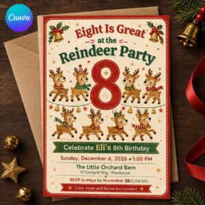 Christmas Birthday Invitation, Reindeer Party Invite, Kids 8th Birthday Printable, Editable Holiday Canva Template