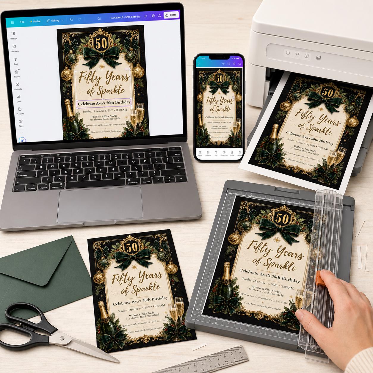 50th Birthday Invitation, Emerald Green Gold Christmas Party Invite, Elegant Milestone Printable Editable Canva Template - Image 5