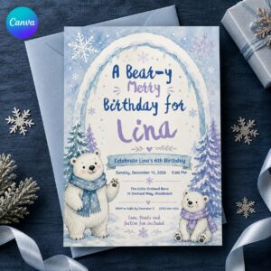 Polar Bear Birthday Invitation, Winter Wonderland Girl Party Invite, Snowflake Kids Printable Editable Canva Template