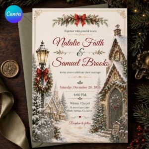 Christmas Wedding Invitation, Snowy Chapel Winter Wedding Invite, Romantic Church Printable Editable Canva Template