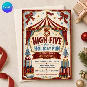 Carnival Birthday Invitation, Christmas Circus Party Invite, High Five 5th Birthday Printable Editable Canva Template