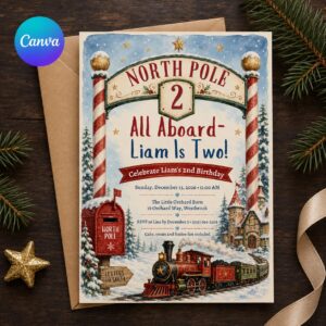 Christmas Train Birthday Invitation, North Pole Party Invite, All Aboard 2nd Birthday Printable Editable Canva Template