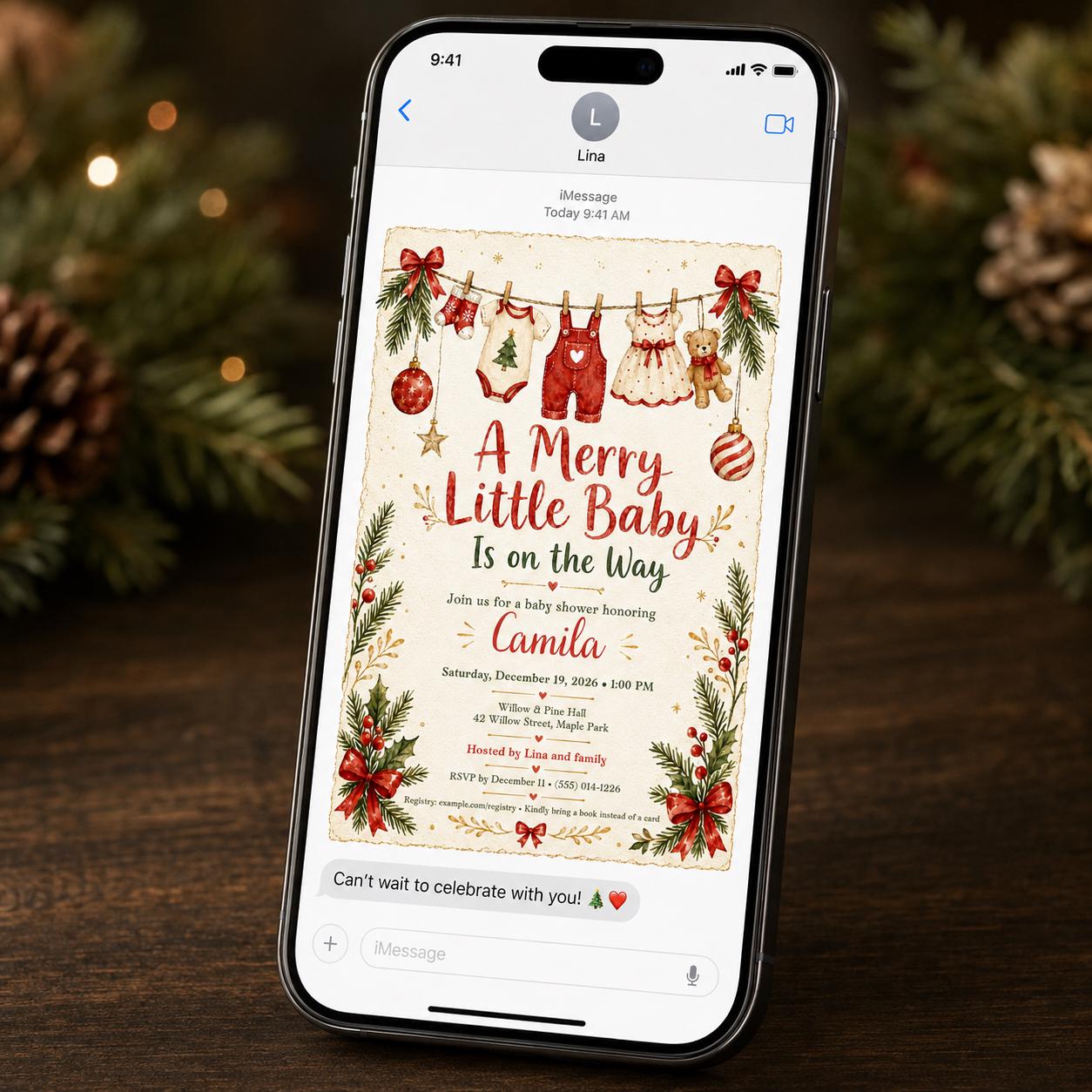 Christmas Baby Shower Invitation, Merry Little Baby Holiday Invite, Red Green Winter Printable Editable Canva Template - Image 3