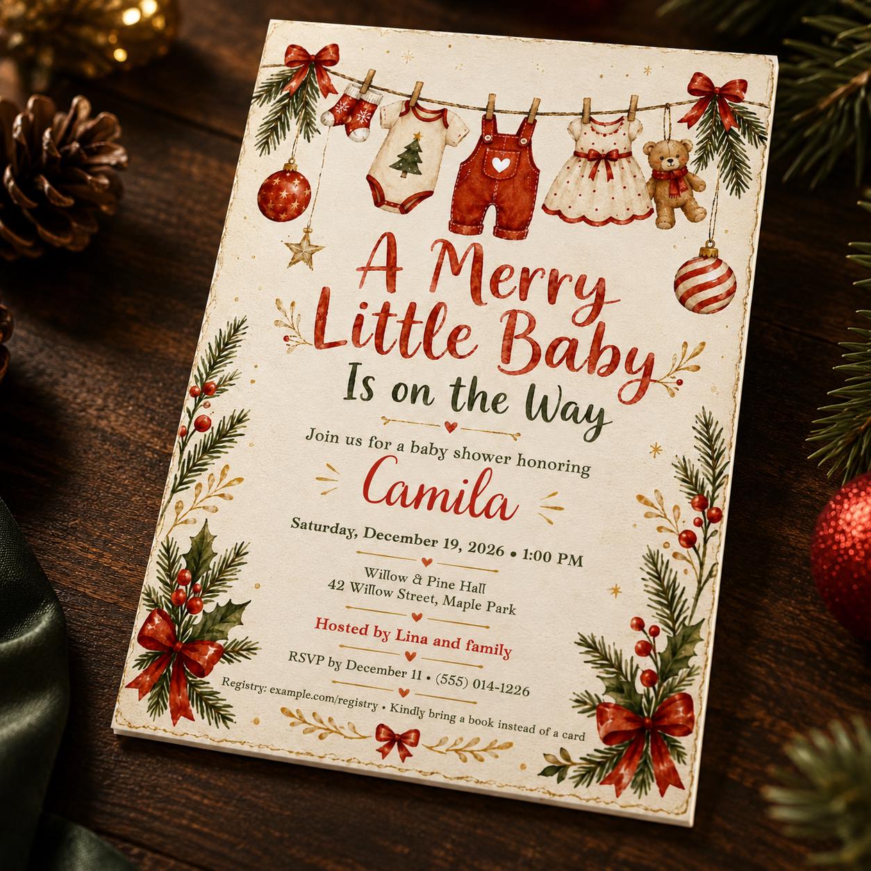 Christmas Baby Shower Invitation, Merry Little Baby Holiday Invite, Red Green Winter Printable Editable Canva Template - Image 6