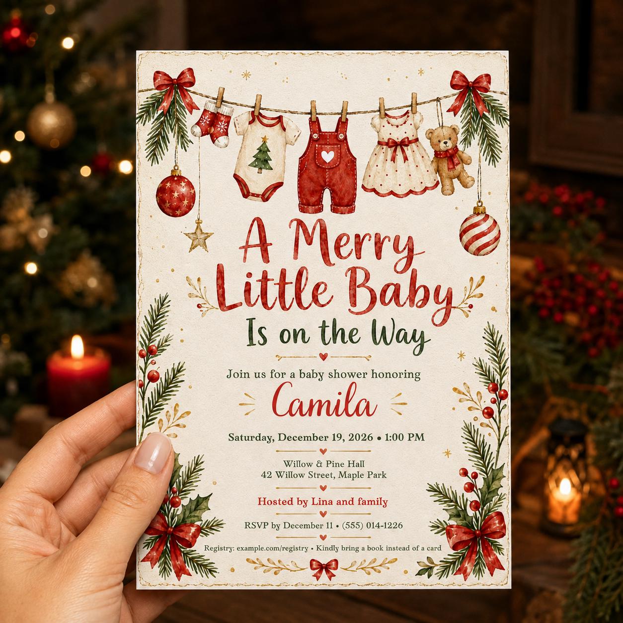 Christmas Baby Shower Invitation, Merry Little Baby Holiday Invite, Red Green Winter Printable Editable Canva Template - Image 4