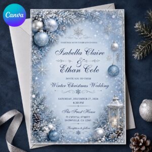 Winter Wedding Invitation, Blue Snowflake Christmas Wedding Invite, Elegant Icy December Ceremony Editable Canva Template