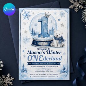 Winter ONEderland 1st Birthday Invitation, Blue Polar Bear Snow Globe Boy Party Invite, Editable Printable Canva Template