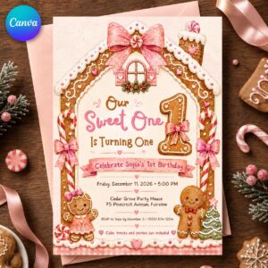 Sweet One First Birthday Invitation, Pink Gingerbread Christmas Girl Party Invite, Candy Cane Holiday Editable Canva Template