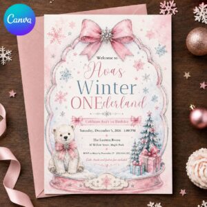 Winter ONEderland 1st Birthday Invitation, Pink Snowflake Teddy Bear Girl Party Invite, Editable Printable Canva Template